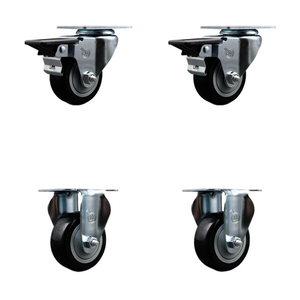 3'' Black Poly Wheel Swivel Top Plate Caster Set with 2 Posi Brakes 2 Rigid, 4PK